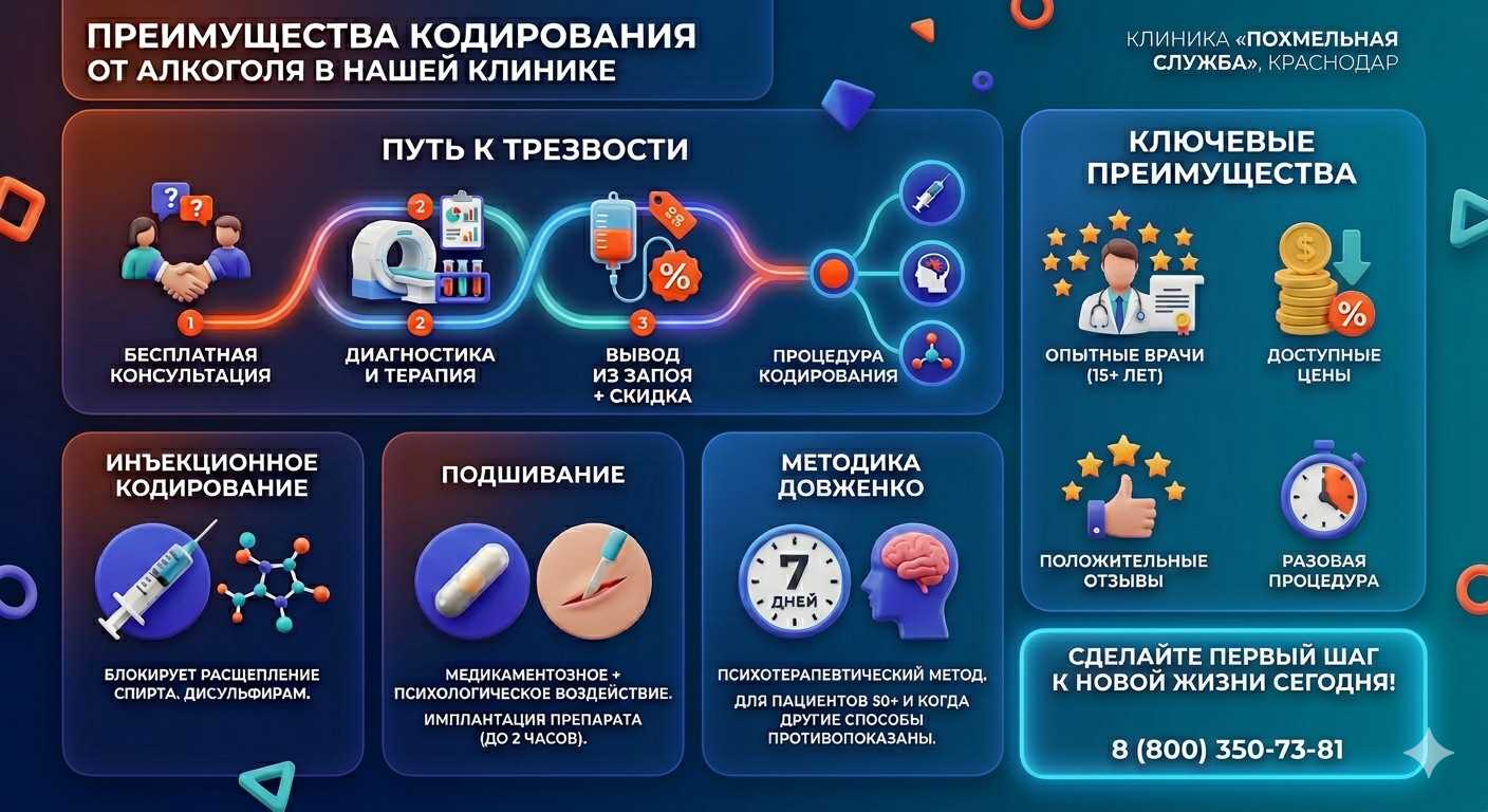 Инфографика о методах кодирования от алкоголя в Залесово: инъекции, подшивание, метод Довженко. Преимущества клиники и этапы лечения.